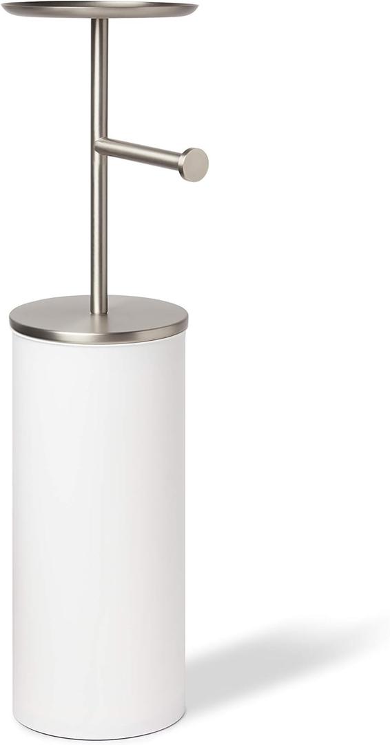 Umbra Portaloo Toilet Paper Stand and Reserve, White/Nickel (With Storage + Shelf)