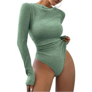 MakeMeChic Women's Cowl Neck Long Sleeve Bodysuit Rib Knit Leotard Tee Shirt Tops (Green), Medium