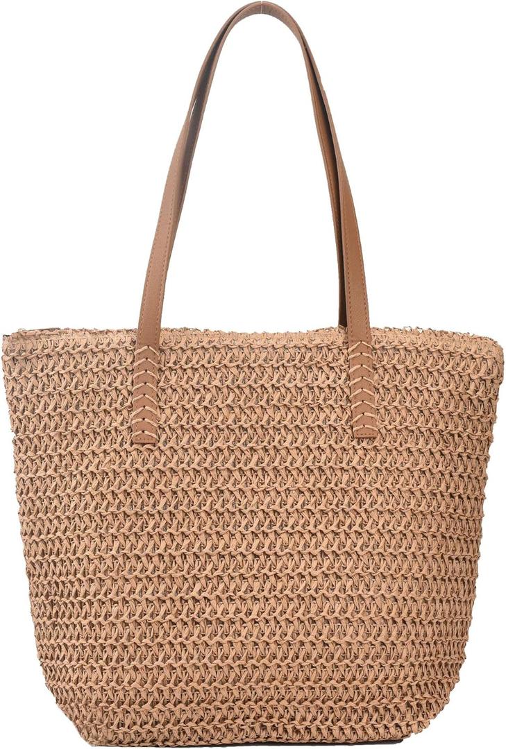 Large Straw Beach Bag for Womens, Straw Handbag Woven Tote Bag With Zipper Summer Shoulder Bag (A Style-brown)