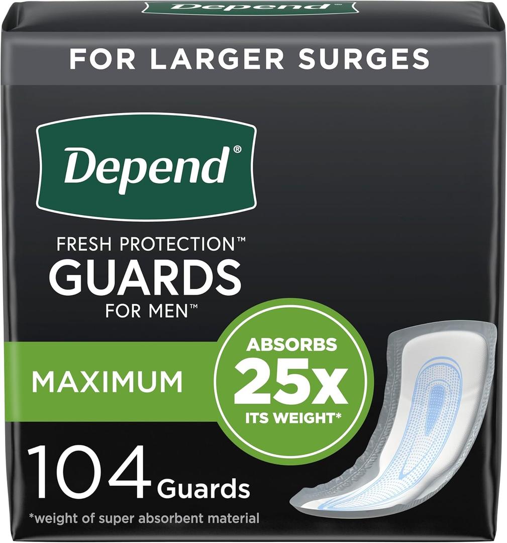 Depend Incontinence Guards/Incontinence Pads for Men/Bladder Control Pads, Maximum Absorbency, 104 Count (2 Packs of 52), Packaging May Vary