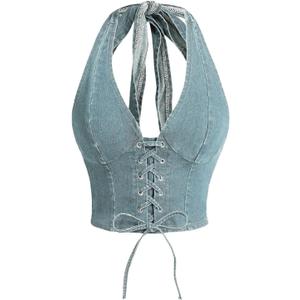MakeMeChic Women's Denim Corset Top Halter Backless Shirred Y2K Crop Tops S