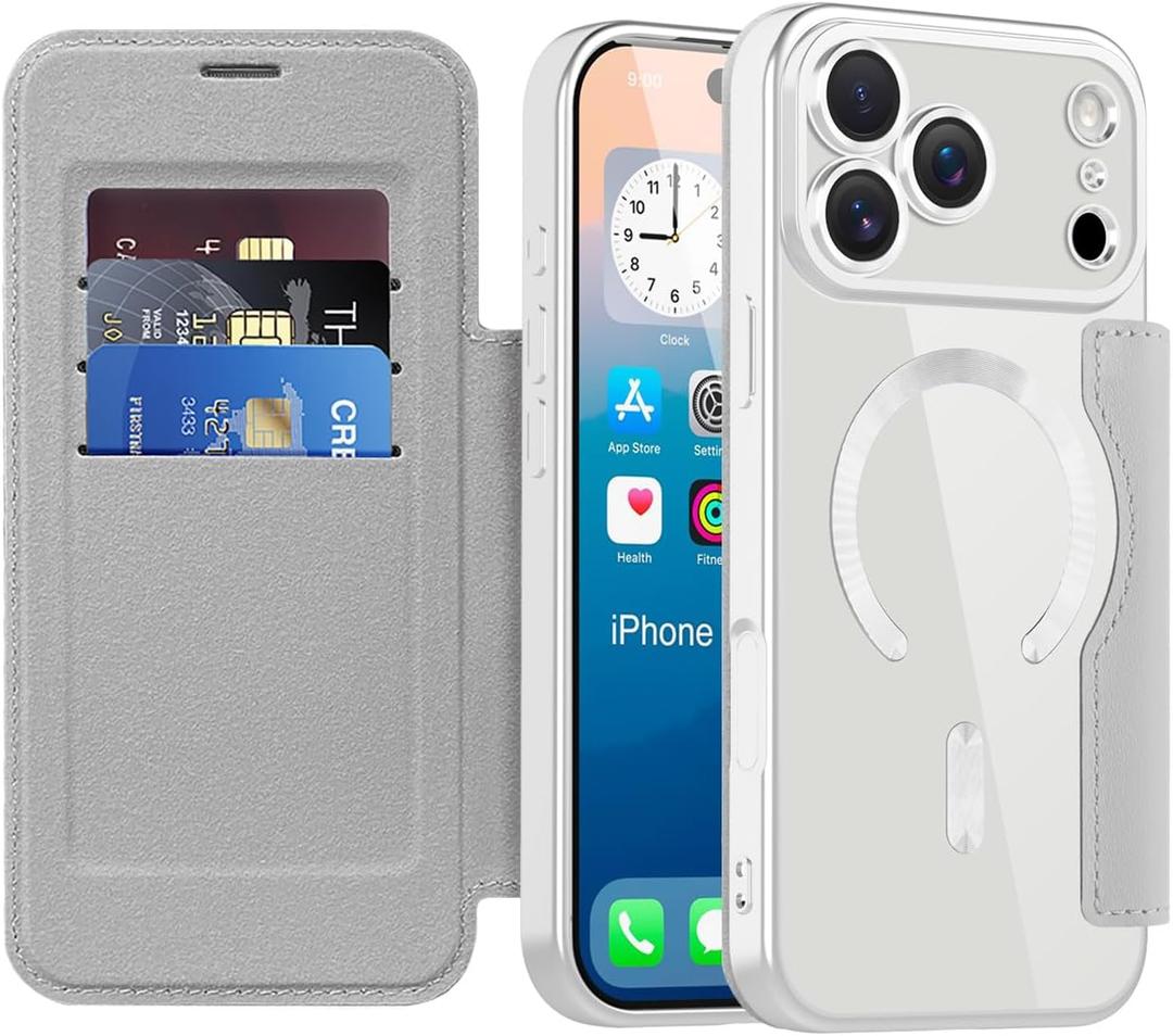 Wallet Case for iPhone 17 Pro Max, Premium Flip PU Leather Card Holder RFID Blocking Compatible with MagSafe Clear Back Shockproof Magnetic Cover for iPhone 17 Pro Max - Titanium Grey JD