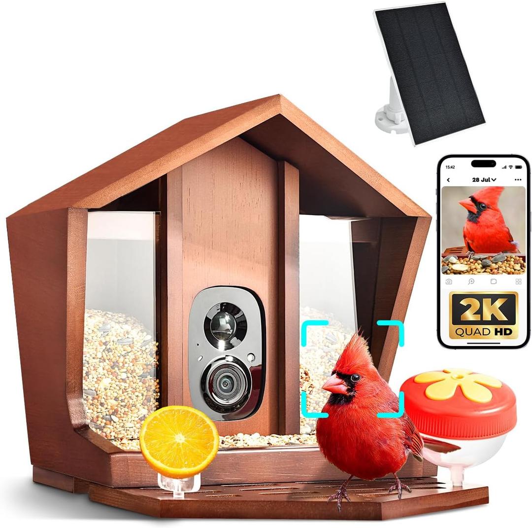 Smart Bird Feeder with Camera Solar Powered AI Identification 10,000+ Bird 2K UHD Video Live Instant Arrival Alerts and Real-Time Motion Detection Weatherproof Bamboo for Outdoor Birds Lovers