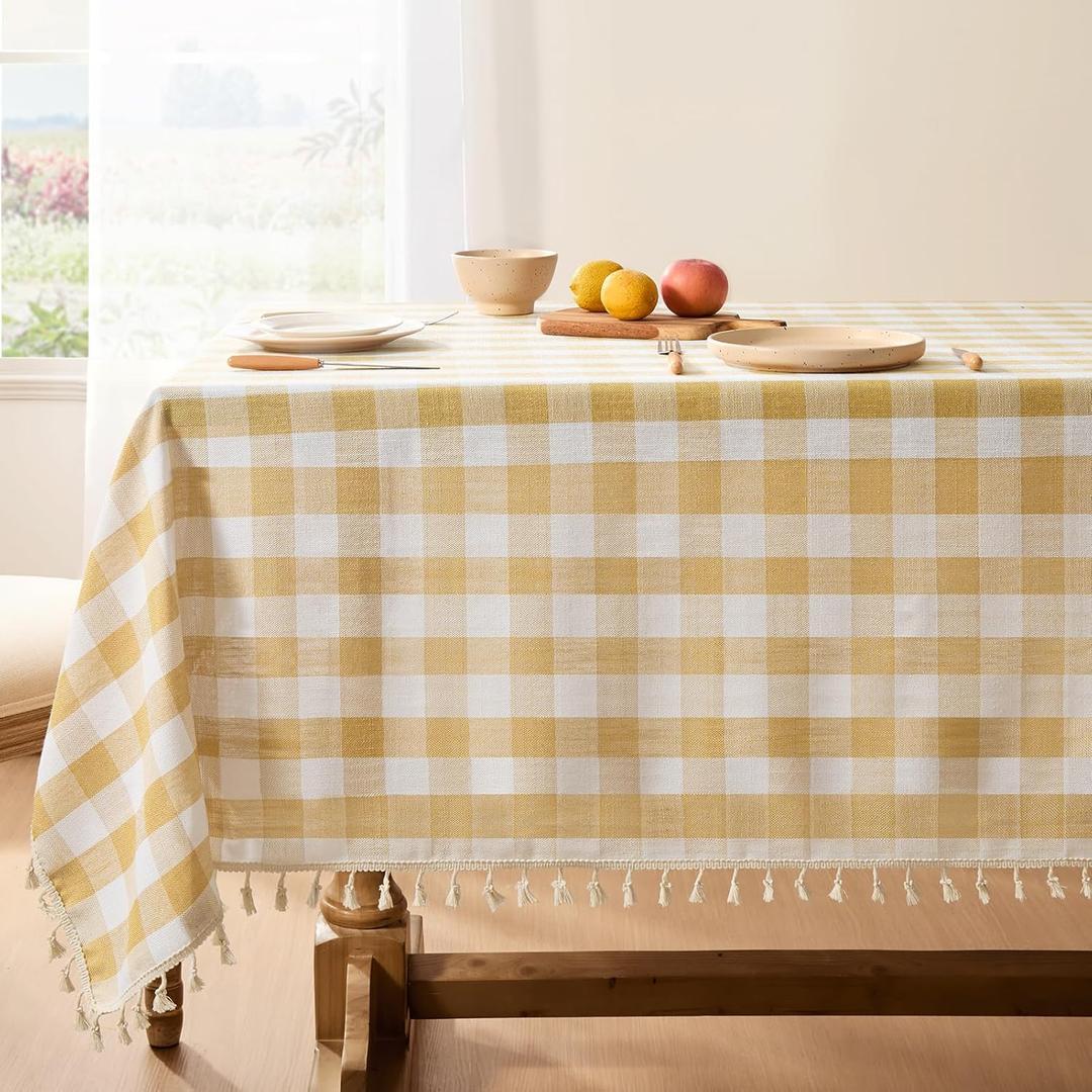 Softalker Checkered Tablecloth Rectangle, Outdoor Linen Cotton Gingham Table Cloth with Tassel, Heavy Duty Wrinkle Free Buffalo Plaid Table Cover for Kitchen Dining Home Party - 55 x 120 Inch, Yellow