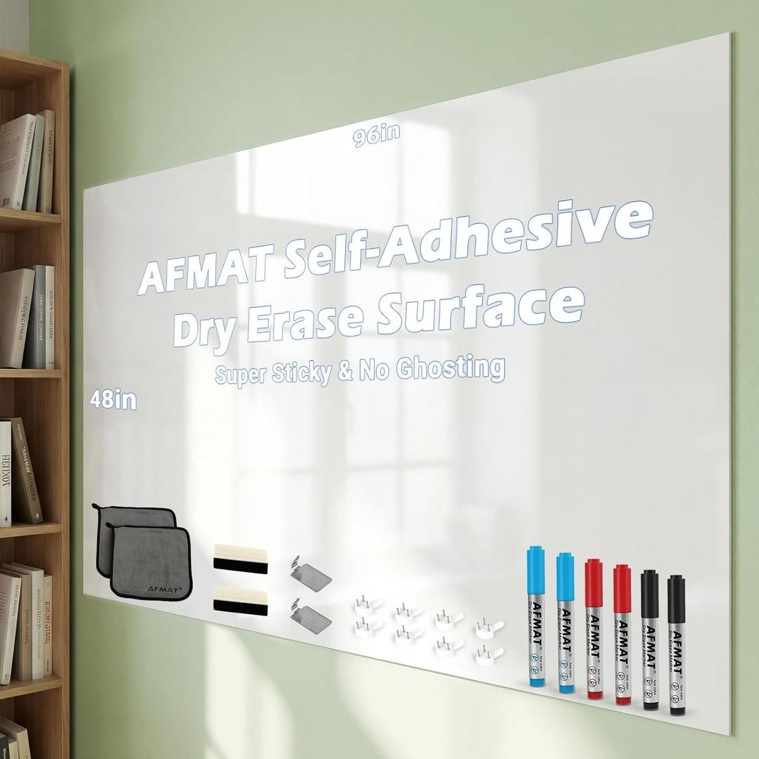 AFMAT Whiteboard for Wall, 8 x 4 ft White Board Sticker, 96 x 48 inches Dry Erase Wallpaper, Peel and Stick Whiteboard Contact Paper Roll for Wall/Table/Doors/Glass/Fridge, 6 Dry Erase Markers