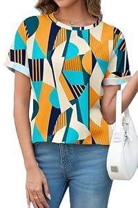 DeXianLai Long Tshirts for Women for Leggings Roll Sleeve Round Neck Shirts Summer Top Floral Fashion Basic Tee Print XL