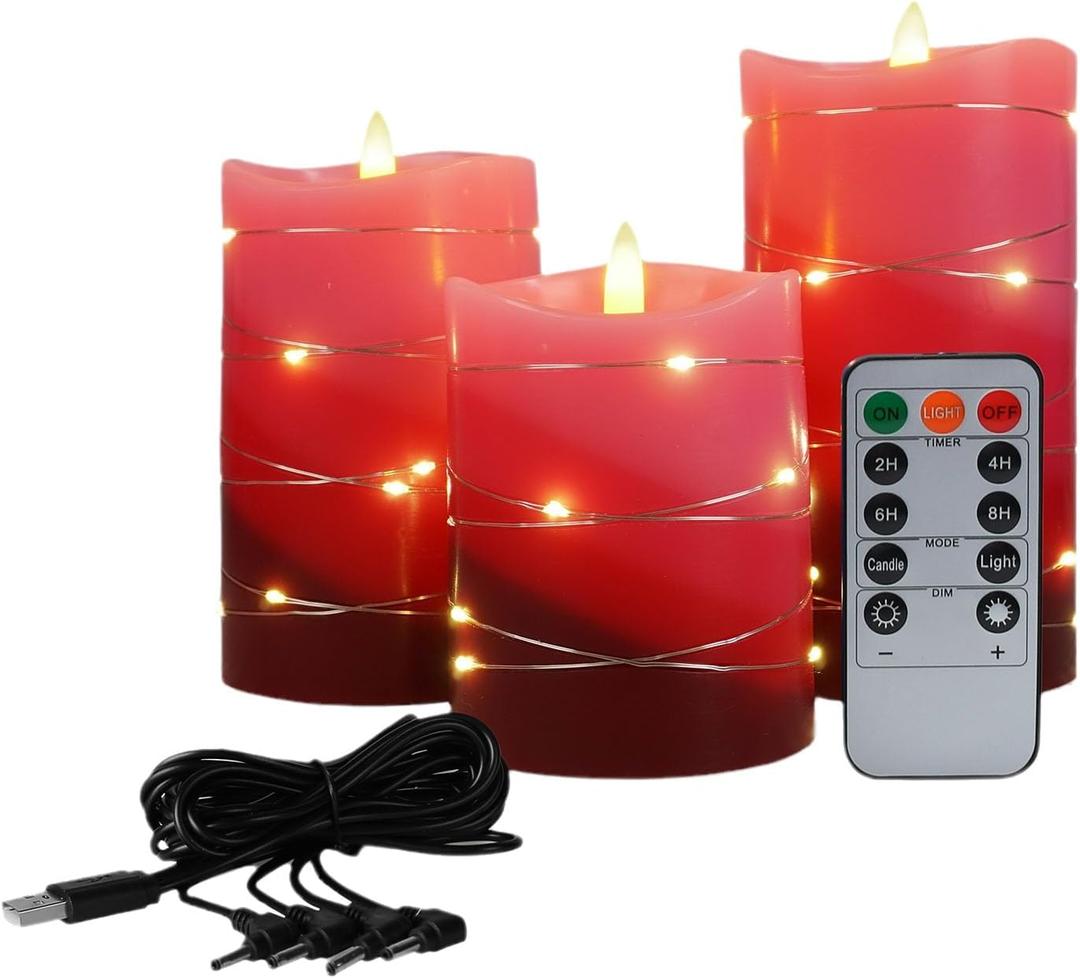 Flashless Candle Rechargeable LED Light String USB Power Remote Control Electronic Candle Light 3-Piece Set (Gradient Red)