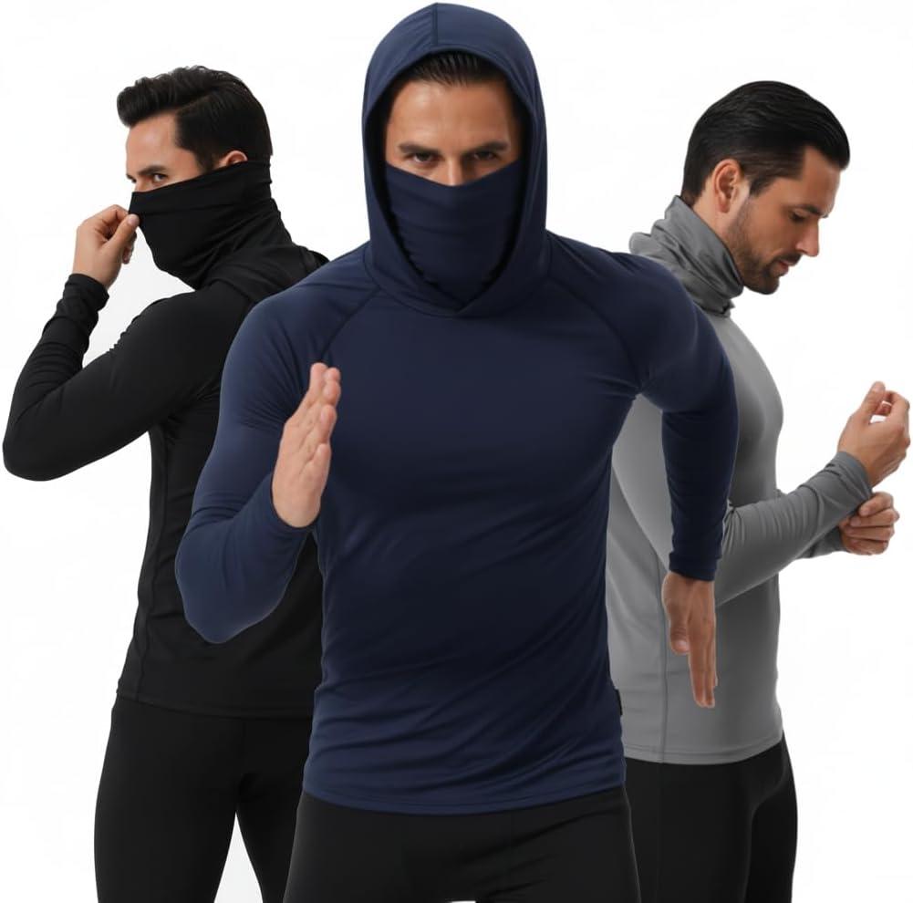 3 Pack Mens Sun Protection Fishing Hoodie with Face Mask UPF 50+ Long Sleeve Compression Work Shirt Construction Quick Dry (Large, Black+blue+grey)