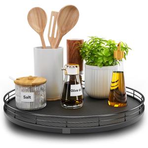 13" Lazy Susan Turntable Organizer for Table Top, Round Wooden Lazy Susan for Cabinet Kitchen Decor Centerpieces Coffee Table, Storage Condiments Spices, Bathroom Vanity Tray for Soap, Black