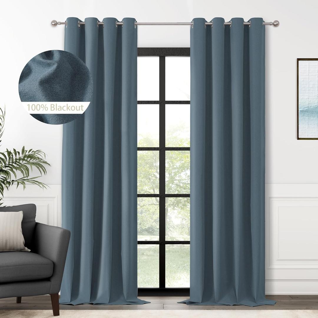 ChrisDowa 100% Blackout Blue Solid Curtains 102 Inches Long 2 Panels for Bedroom Living Room,Farmhouse Room Darkening Thermal Insulated Soundproof Grommet Top Window Treatment Drapes,52x102