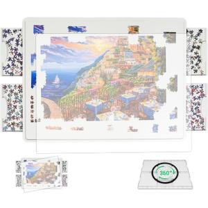 BuilderButler Lightweight 1500 Pieces Rotating Puzzle Board with 4 Sliding Drawers and Cover – 360° Lazy Susan Spinning, 25.59" x 34.25" Portable Plastic Puzzle Table, for Mom, Medium-1500pcs