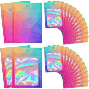 100 Pieces Resealable Bags with Clear Window, Holographic Gradient Packaging Bags Transparent Small Business Pouch Party Mylar Zip Bags Sample Bags (Multicolor, 3.5x4.7 Inch)