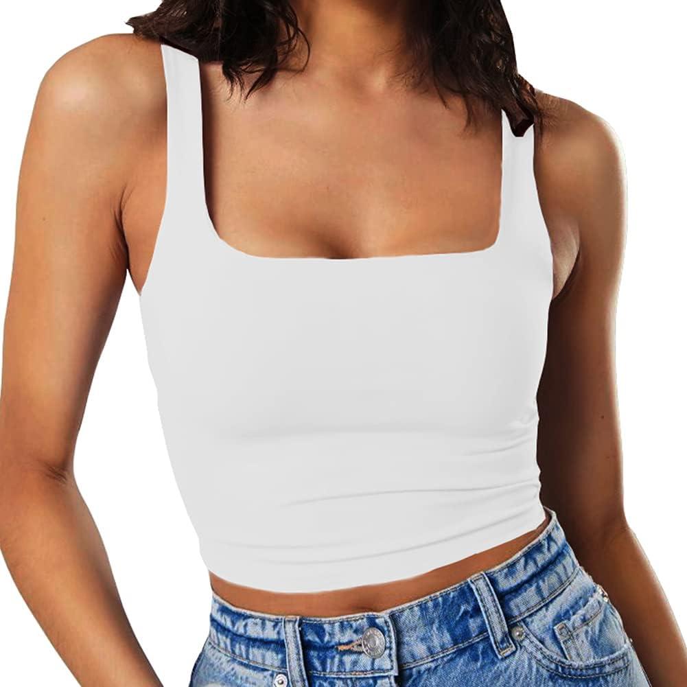 Artfish Women's Sleeveless Strappy Tank Square Neck Double Layer Workout Fitness Casual Basic Crop Tops (Medium, White)