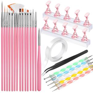 FANDAMEI Nail Art Tools, Nail Brush, 15 PCS Nail Art Brushes, 5 PCS Nail Dotting Tool, Nail Stand, Nail Holder For Painting Nails, Press On Nail Stand, Nail Tools, Nail Design Tools (Pink)