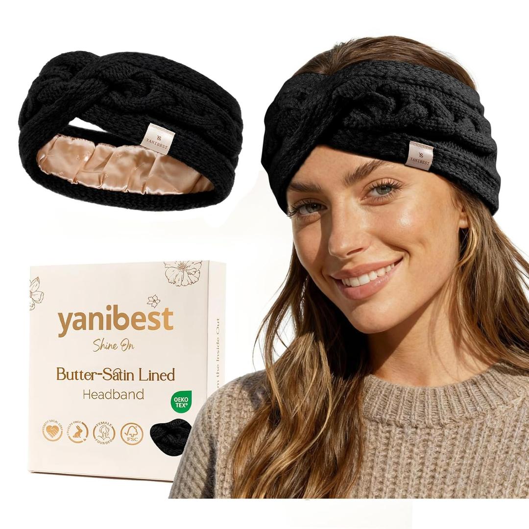 YANIBEST Soft Stretch Knot Headbands for Women Satin Lined Ear Warmer Headband for Women Men Outdoor, Black