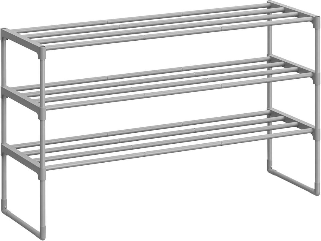 SONGMICS Shoe Rack, 3-Tier Shoe Organizer, Metal Storage Shelf, Upright or Upside Down, for 16-20 Pairs, Stackable, for Entryway, 11.8 x 36.2 x 21.7 Inches, Gray ULSA303G01 (Grey)