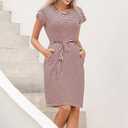 Women's Summer Casual T Shirt Dresses Tie Waist Business Causal Outfits (XL)