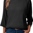 Dokotoo Womens Tops Spring Summer 3/4 Length Sleeve Fashion T Shirts for Women Crewneck Waffle Knit Casual Loose Tee Blouses (Medium, Black)