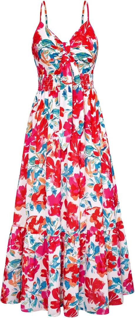 GRACE KARIN Women's 2025 Summer Maxi Dress Floral Tie Front Spaghetti Strap Casual Boho Beach Flowy Sundress with Pockets 2XL