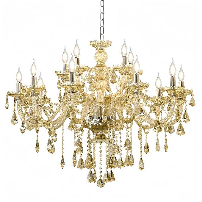 Luxury K9 Crystal Chandelier 15 Light, Modern Cognac Crystal Ceiling Chandelier Lighting Fixture Candle Style E12 Base for Dinning Living Room Bedroom Hallway (15 Lights)