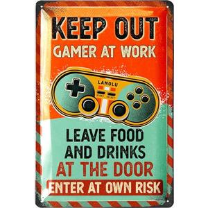 LANOLU Vintage Tin Sign - KEEP OUT Gamer at Play sign, Do Not Disturb I'm Gaming, Video Game Metal Sign, Gamer Room Decor for Men, Retro Wall Decor, 12x8"