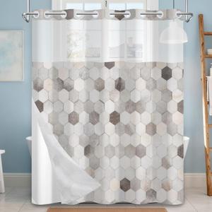 No Hook Shower Curtain with Snap in Liner, Modern Gray Hexagon Geometric Pattern with Mesh Top, Waterproof Double Layer Bathroom Decor, 71 x 74 Inch