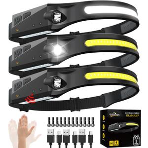 Rechargeable Headlamp 3PCS, 230 Wide Beam Head Lamp, Motion Sensor LED Headlamp Rechargeable, 5Mode Bright Headlamps for Adults, Head Lights for Forehead, Hard Hat Headlight, Camping Essentials Gear
