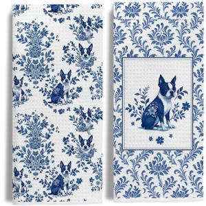 Chinoiserie Boston Terrier Kitchen & Hand Towels Set of 2,Blue and White Floral Dog Gifts Dish &Tea Towels for Kitchen Bathroom Decor,Dog Lover Gifts for Women 16x24 Inch