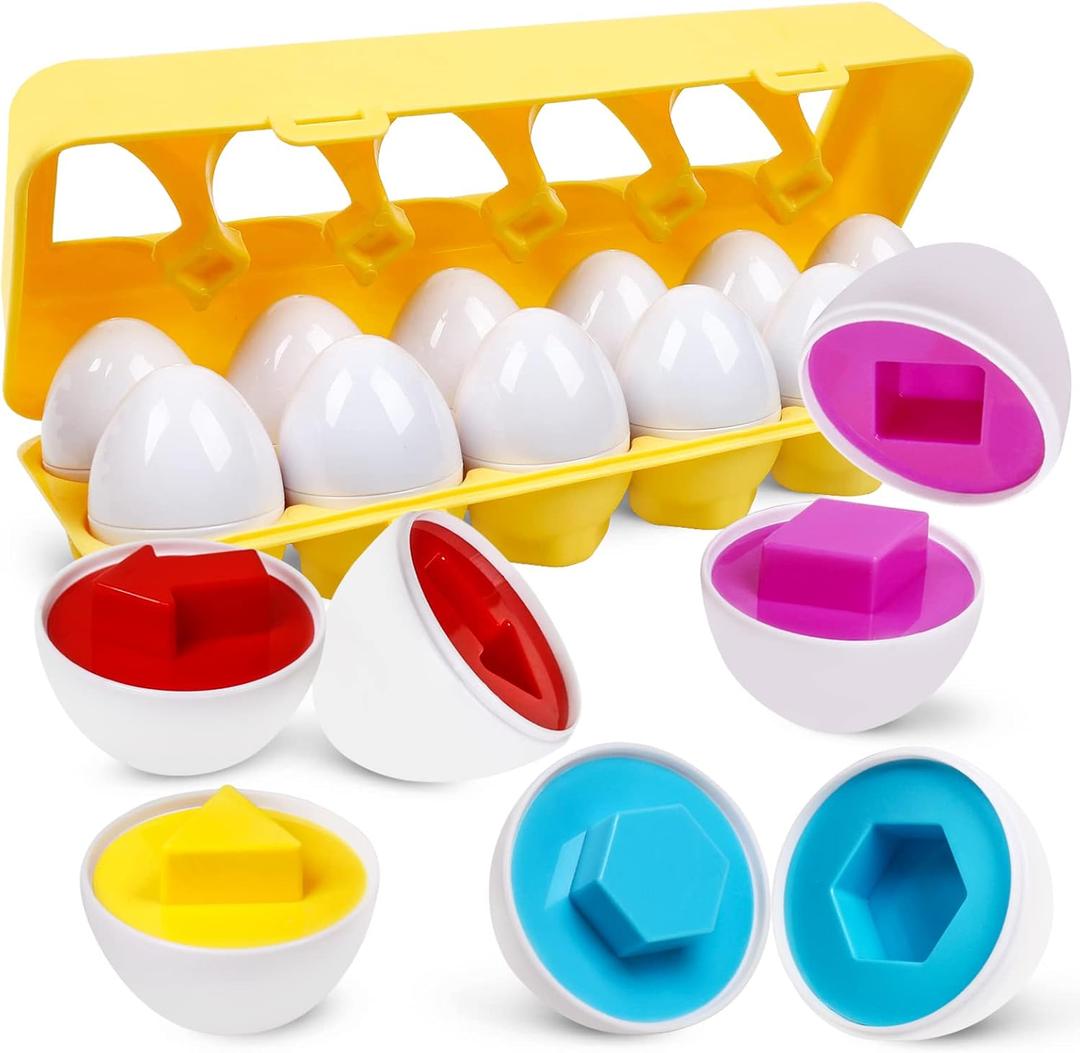 Montessori Geometric Eggs,12 pcs Set Color & Shape Egg Puzzle Toys Matching Eggs for Toddlers 1-3,Preschool Educational Sorting Game Fine Motor Toy Easter Gifts for Kids Boys Girls