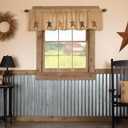 VHC Brands Stratton Primitive 16"x72" Stars Valance Tan Rod Pocket Appliqued Cotton Burlap Kitchen Window Curtains