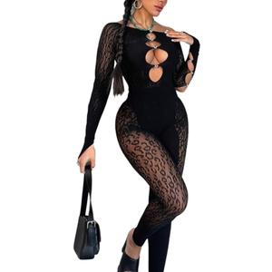 Women's Sexy Long Sleeve Bodycon Romper Hollow Jumpsuit See Through Sheer Mesh One Shoulder Party (Black) L/XL