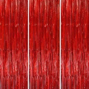 3 Pack 3.3x8.2 Feet Red Foil Fringe Backdrop Curtains, Tinsel Streamers Birthday Party Decorations, Fringe Backdrop for Graduation, Baby Shower, Gender Reveal, Disco Party