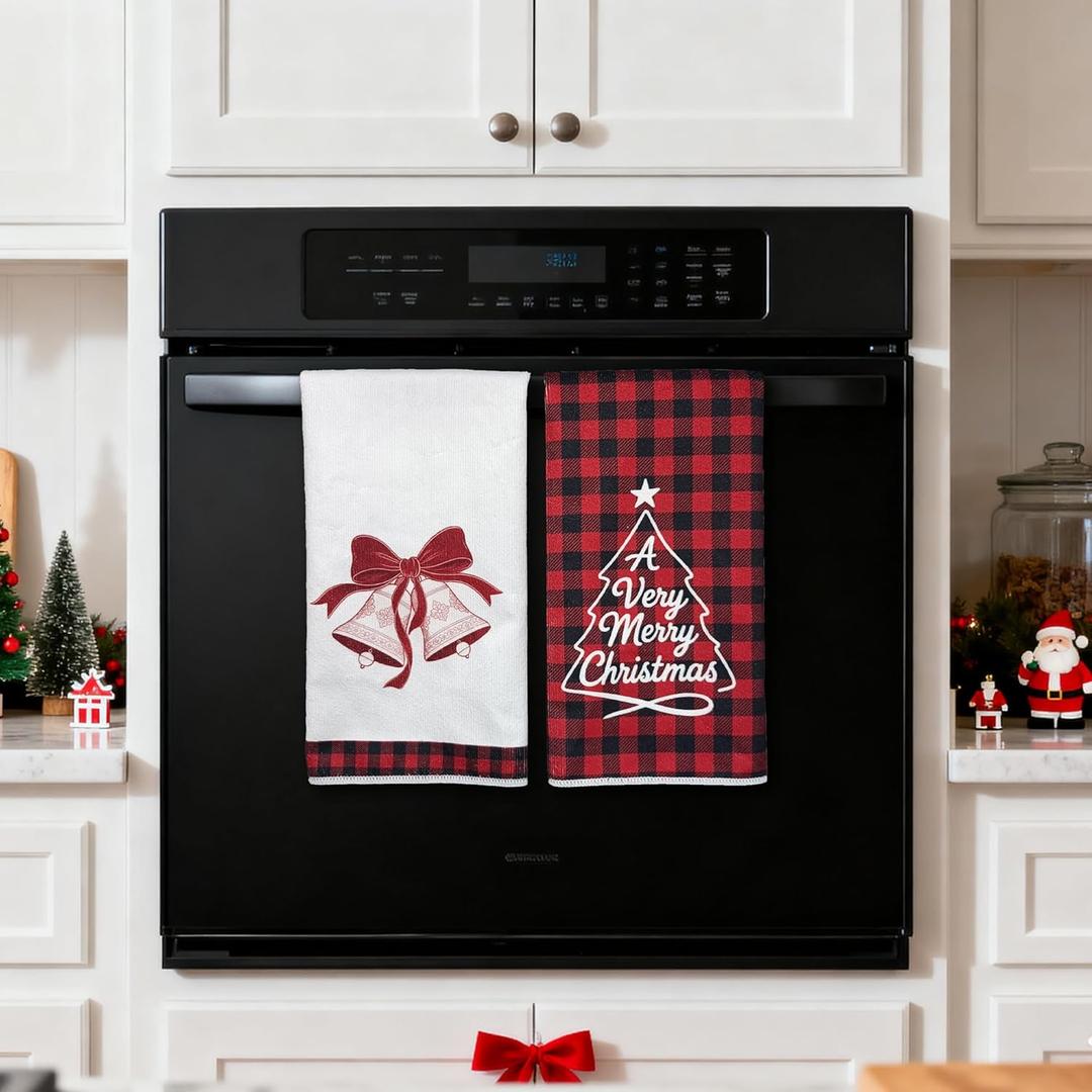 Red Black Buffalo Plaid Merry Christmas Jingling Bell Kitchen Towels Dish Towels, 17x27 Inch Daily Seasonal Winter Decoration Hand Towels Set of 2,Microfiber Farmhouse Decor Tea Towels