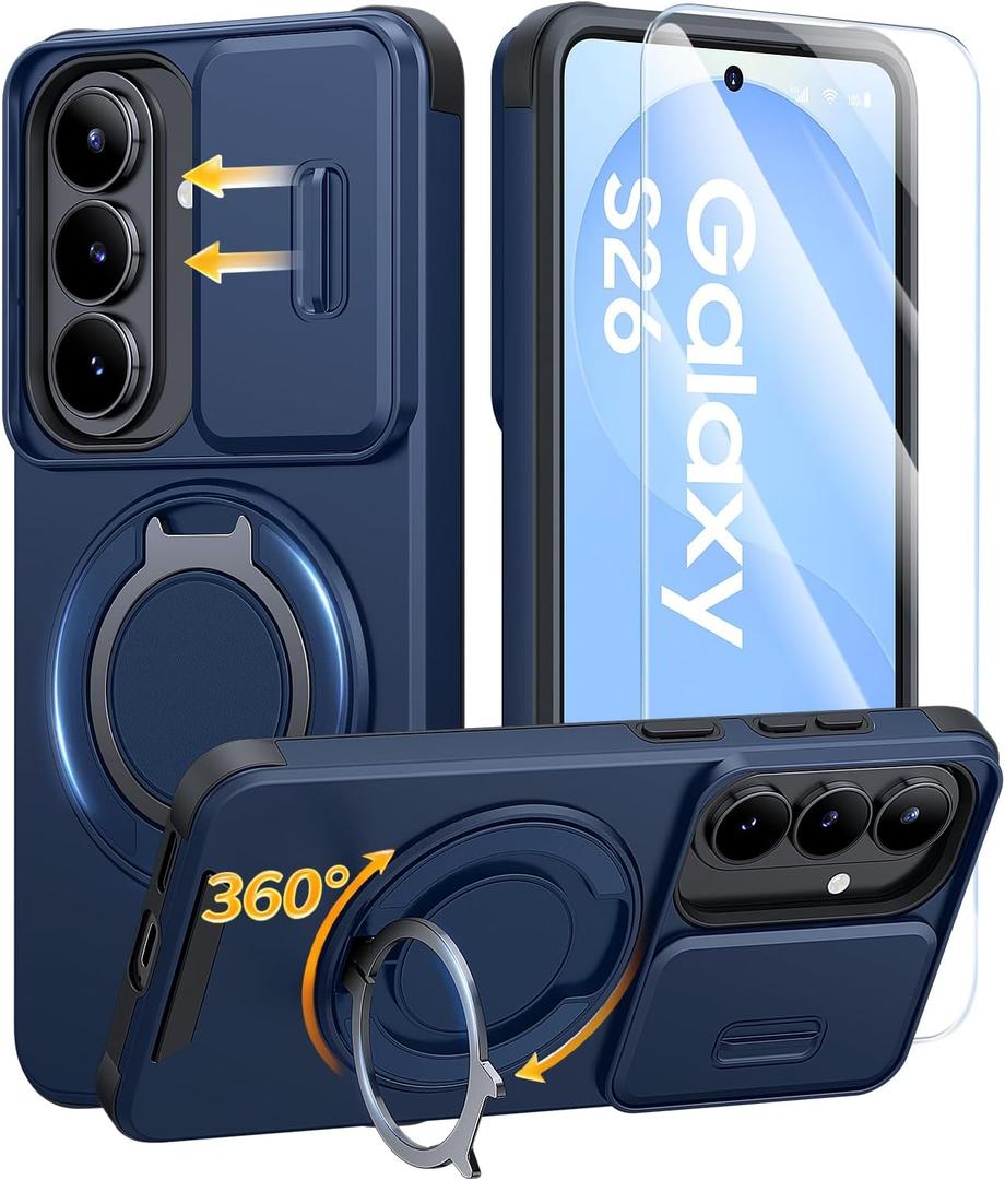 JAME for Samsung Galaxy S26 Case, Ring Holder Stand Kickstand, Slide Camera Cover with Screen Protector, Dual-Layer Shockproof Protective, Magnetic Accessory Friendly Galaxy S26 Phone Case, Blue