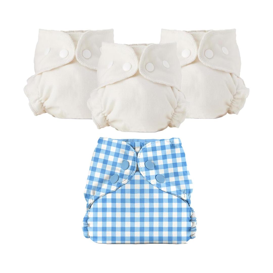 Esembly Cloth Diaper Bundle Set - 3 Organic Cotton Absorbent Inners and 1 Waterproof Outer Diaper Cover - Reusable, Washable, Snap Closure Cloth Diapers - Size 1 (7-17lbs), Gingham