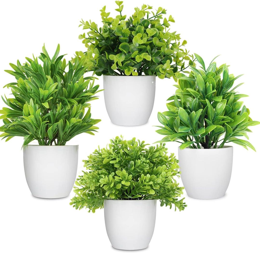 LELEE Artificial Potted Plants Mini Fake Plants in Pots, 4 Pack Medium Eucalyptus Potted Faux Decorative Grass Plant with White Plastic Pot for Home Decor, Indoor, Office, Desk, Table Decoration