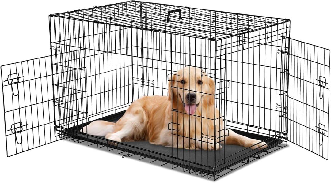 Dog Crate, 36 Inch Medium Wire Kennel, Metal Cages with Double Door, Leak-Proof Pan Tray, Folding Portable for Indoor Outdoor Travel