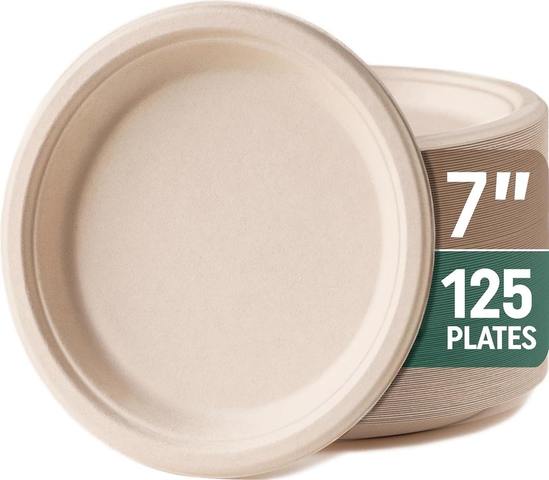 Monarchef Disposable Plates, Sturdy and Durable Compostable Paper Plates - Heavy Duty, Eco-Friendly, Biodegradable, Unbleached, Sugarcane Bagasse Dinner Plate, Pack of 125-7 Inch