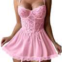 Lilosy Sexy Garter Belt Mesh Lace Babydoll Lingerie Dress Set with Thong (X-Large, Pink)