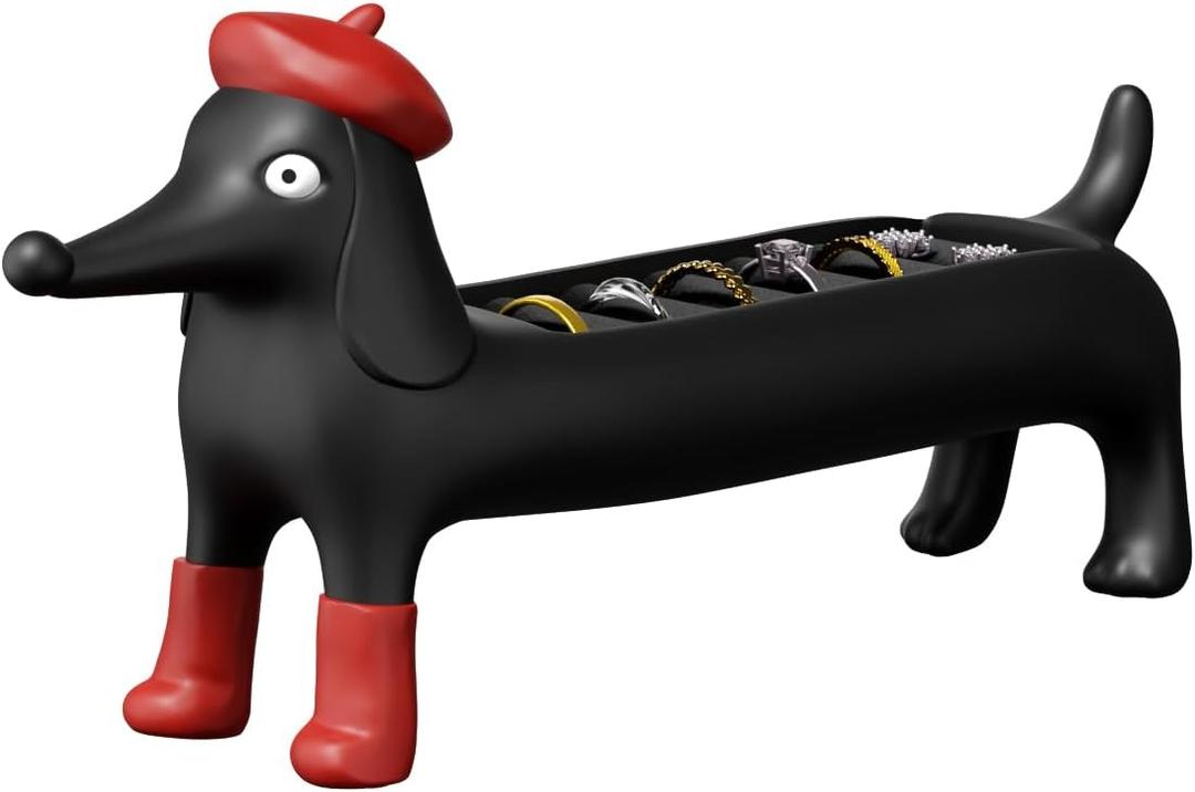 Dachshund Ring Holder, Jewelry Storage Display Stand Hand Crafts, Hand Painting (Black)