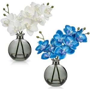 Oairse Blue and White Orchids Artificial Flowers Faux Orchid Arrangement with Black Glass Vase Set of 2 Real Touch Phalaenopsis Orchid Flowers Orchids Centerpiece for Dining Room Table