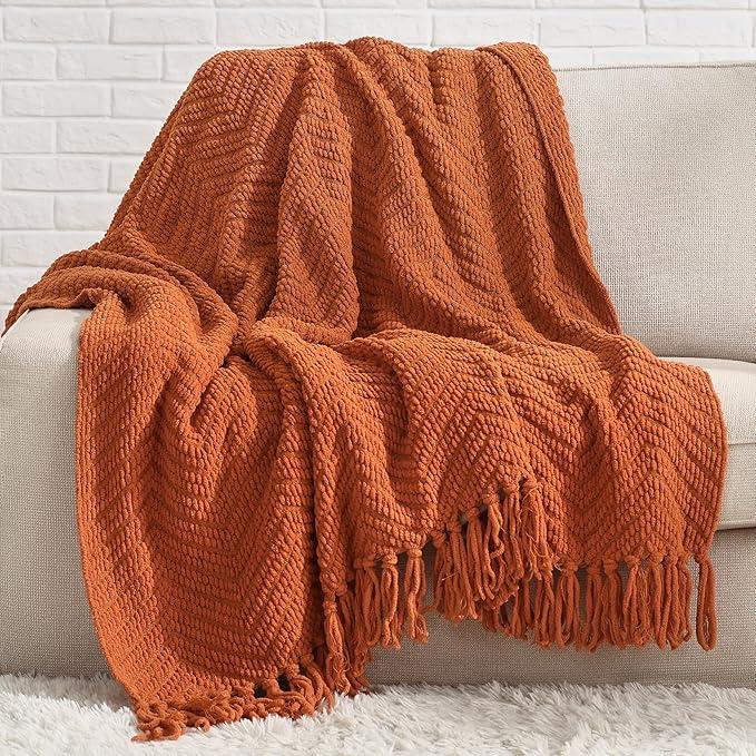 Bedsure Throw Blankets for Couch - Textured Chunky Knit Woven Chenille Blanket - Super Soft, Warm Decorative Boho Throw with Tassels for Bed, Sofa and Living Room, Pumpkin Orange, 50x60 Inches 