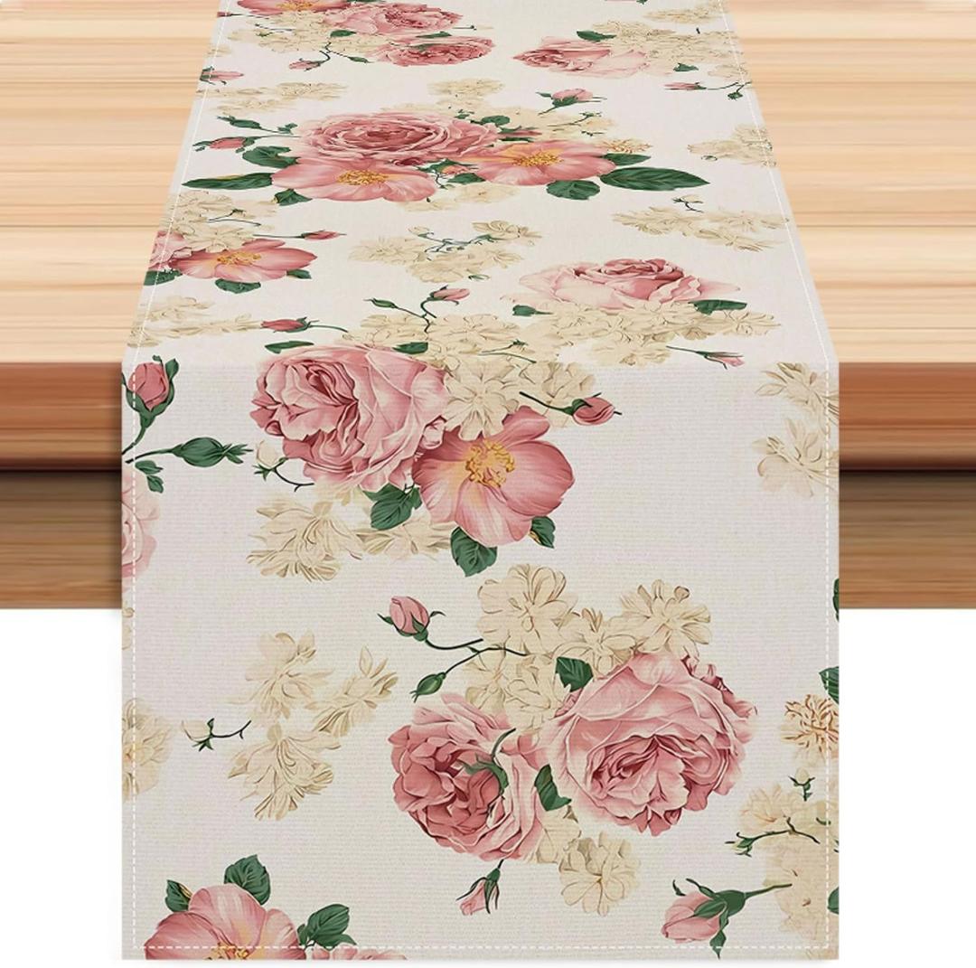 2 x Spring Pink Peony Table Runner 13x72 Inch Spring Pink and Yellow Flowers Kitchen Dinning Table Decoration for Indoor Outdoor Home Party Dcor