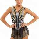 Women Sexy Sequin Fringe Bodysuit Gradient Sparkly Tassel Romper Latin Jazz Dance Leotard Acrobat Costume Disco Rave Outfits (M)
