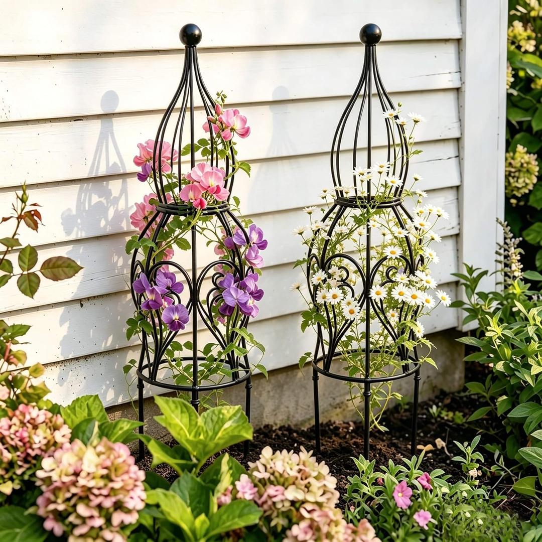 2-Pack Garden Obelisk Trellis, 26.4" Tall Metal Plant Support for Climbing Roses, Clematis & Climbing Vines, Tool-Free Snap Assembly, Decorative Accent for Patio Planters & Balcony Gardens
