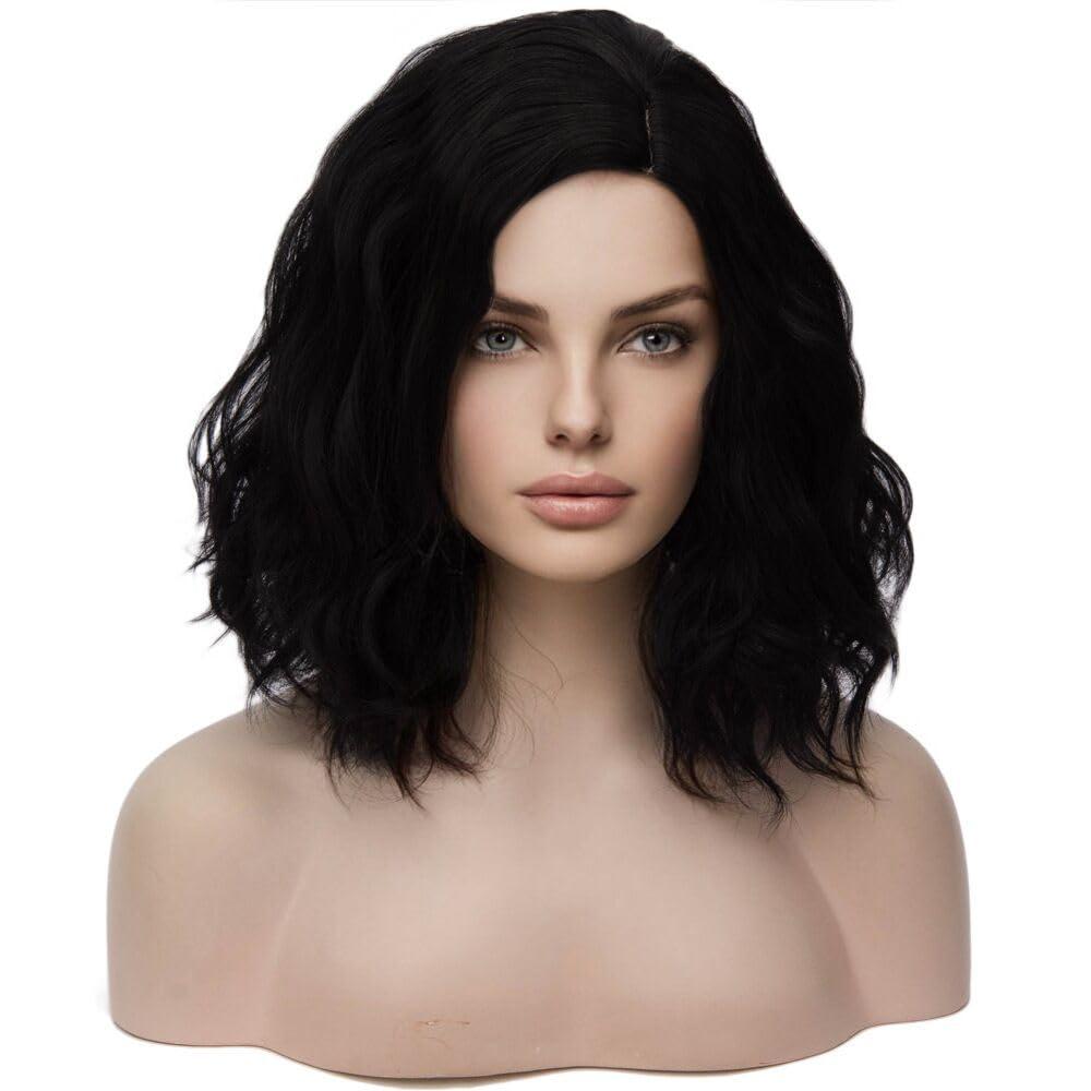 Black Wigs for Women 14 Inch Short Curly Wavy Wig Girls Natural Black Shoulder Length Wig Side Part Wave Halloween Cosplay Party or Daily Wigs