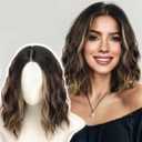 AISI HAIR 14 Inch Brown Mix Blonde Wigs for Women - Shoulder Length Wave Wig with Pre-Cut Lace Hairline, Middle Part Natural Wavy Bob Synthetic Heat Resistant Fiber for Daily and Party