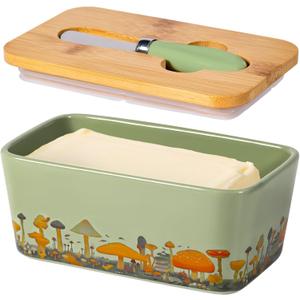 Mushroom Butter Dish with Lid,Large Butter Crock Keeper Saver,Ceramic Butter Container for Countertop with Highly Sealed Silicone Thick Wooden Lid for Kitchen Farmhouse Decor (Mint Green, Mushroom)