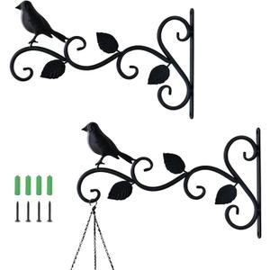 Hanging Plants Bracket 12" Bird Planter Outdoor Hooks Hangers for Flower Baskets Pot Bird Feeder Wind Chimes Lanterns Patio Garden Outdoor Indoor Metal Black, 2 Pack