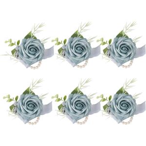 Dusty Blue Wrist Corsage Set of 6 for Wedding Prom Party, Artificial Flower Wrist Corsage Bracelets, Homecoming Corsage Wristlet, Corsage Flowers for Bride, Bridesmaid, Girls
